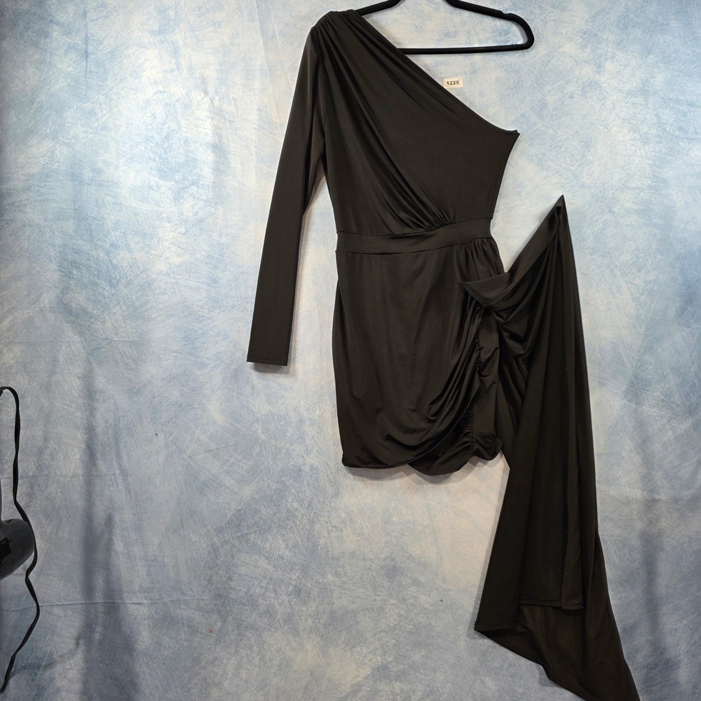 CAMEO USA Black One‎ Shoulder Mini Dress Asymmetric Draped Train Long Sleeve S